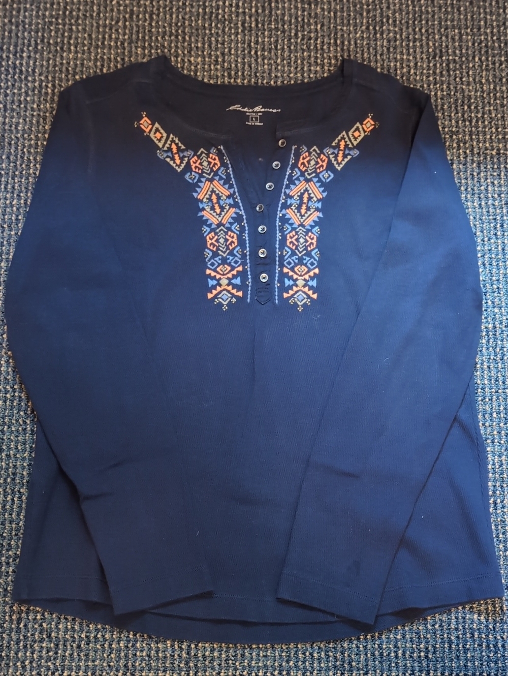 Eddie Bauer Navy Scoop-Neck Sweater with Orange & Blue Embroidery